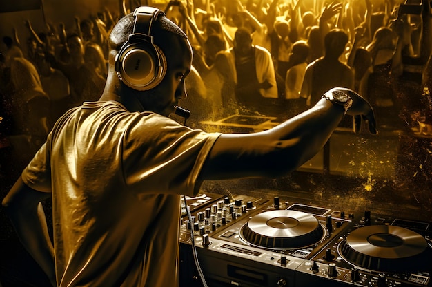 Dj playing music in a club with a crowd in the background