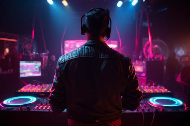 Dj playing music in a club with a man wearing headphones