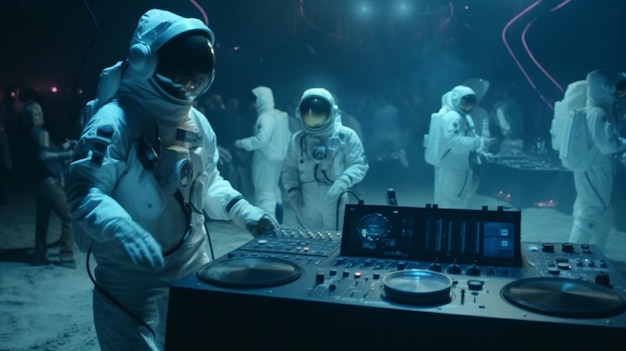 Foto un dj che suona musica in una stanza buia con un uomo che indossa una tuta spaziale e una tuta spaziale.