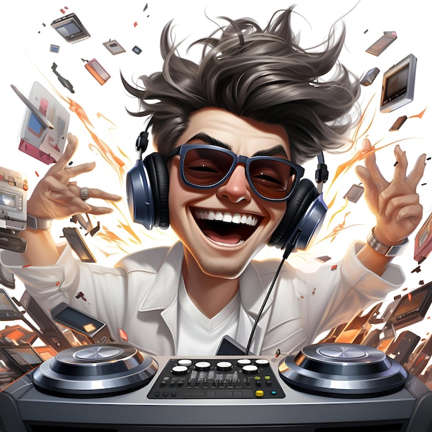 Photo dj playing music on djs deck with headphones 3d illustration