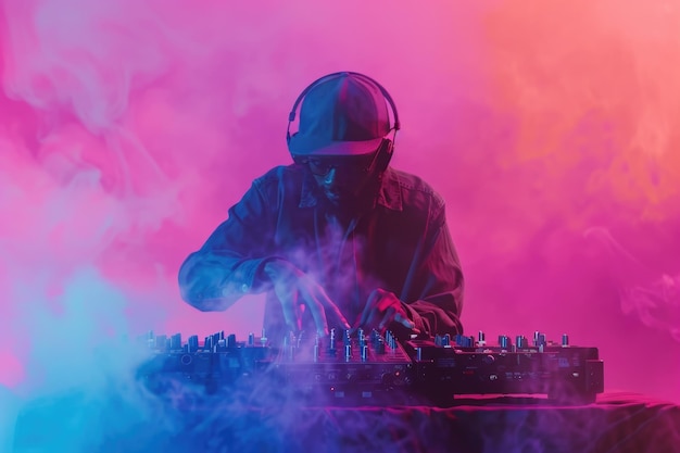 DJ playing music at mixer on colorful foggy background