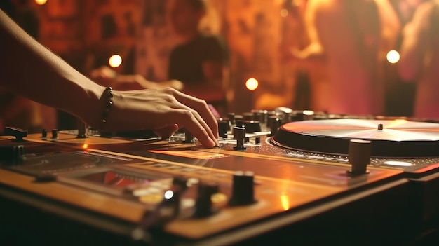 Dj playing music on a turntable in front of a crowd at festival closeup photo Generative AI