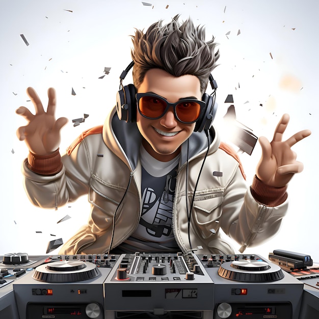 DJ playing music with headphones and dj mixer 3d illustration