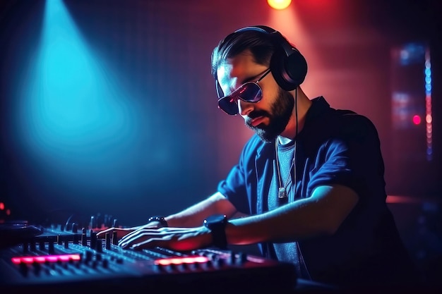 DJ는 나이트클럽 파티에서 싱 보드에서 전자 음악을 연주합니다.