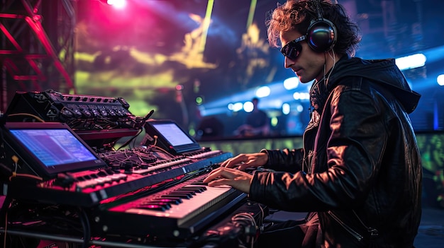 a dj plays music in front of a colorful background.