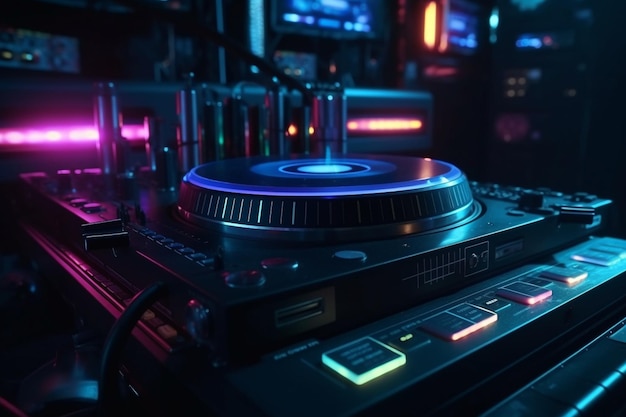 青色のライトと前面に dj の文字が付いている DJ の機器。