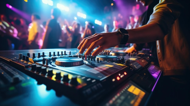 DJ's handen op een mixbord met een wazige achtergrond van energieke feestgangers die in de club dansen