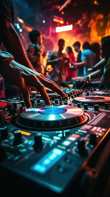 싱 보드 에 있는 DJ 의 손 과 클럽 에서 춤추는 활기찬 파티 참석자 들 의 흐릿 한 배경