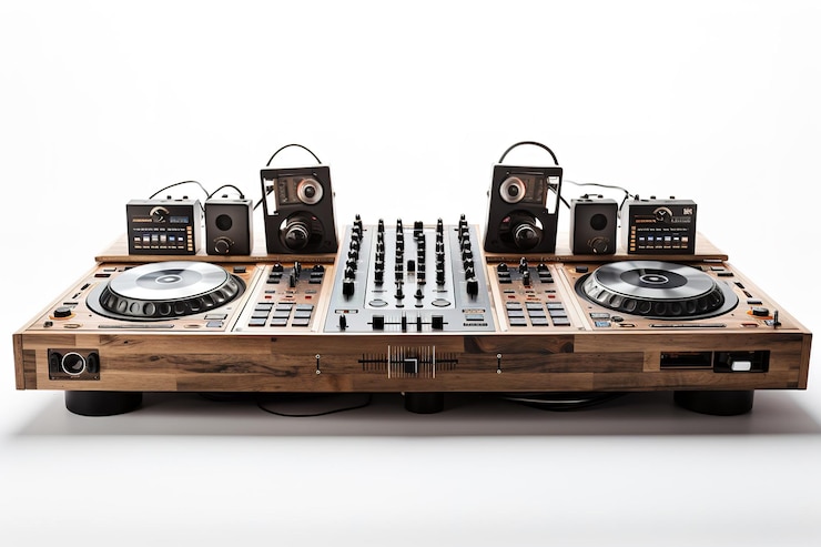 A DJ Setup Ready to Mix Beats on a Wooden Console on a Clear PNG or White Background