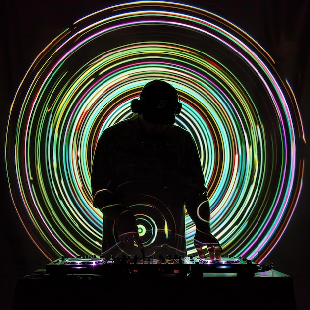 DJ silhouet grillige draaiende neon beats