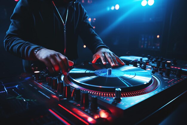DJ speelt muziek met draaitafel in nachtclub close-up Generatieve ai