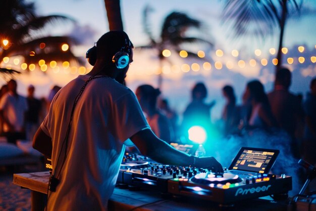 A DJ spinning music at a beach party with lightup generative ai