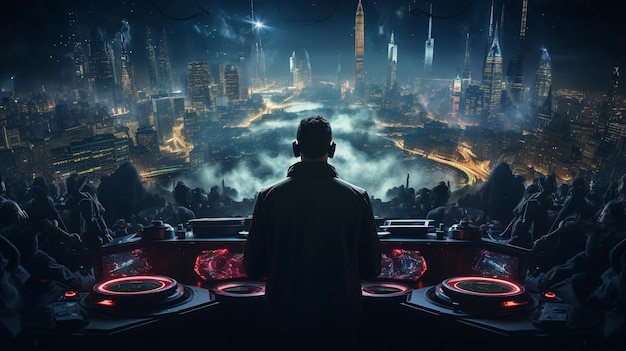 A dj standing in front of a night city with a neon light on the top