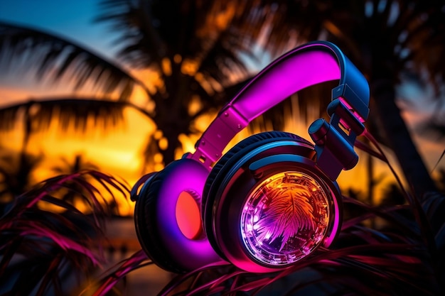 A DJ wearing headphones outdoors under neon lights creating an energetic atmosphere Generative Ai