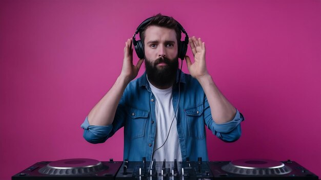 Dj with beard wearing headphones and asking for silence