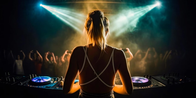 A dj with a crowd of people in the background