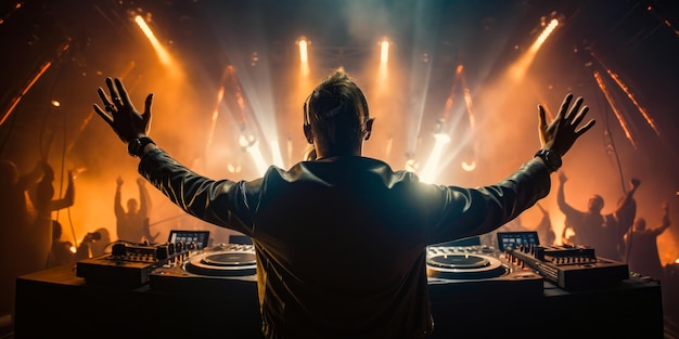 Dj with a dj booth in front of a stage with lights on