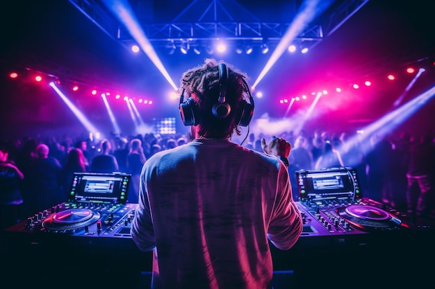 A dj with a dj playing music in front of a crowd.