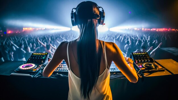 A dj with headphones on in front of a crowd