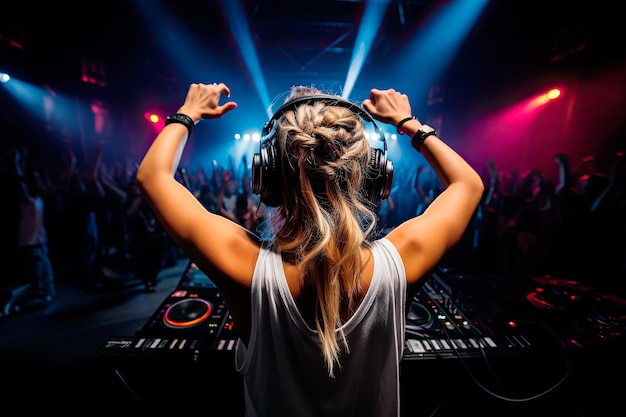 色付きのライトでディスコで聴衆と一緒に踊るヘッドフォンをした DJ の女性