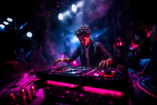 Photo dj working spinning turntable records at night club party generative ai illustration