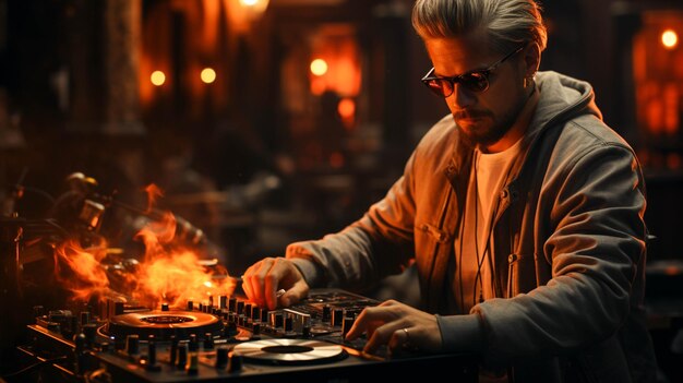 DJ young Scandinavian man mixing music at turntables with headphone