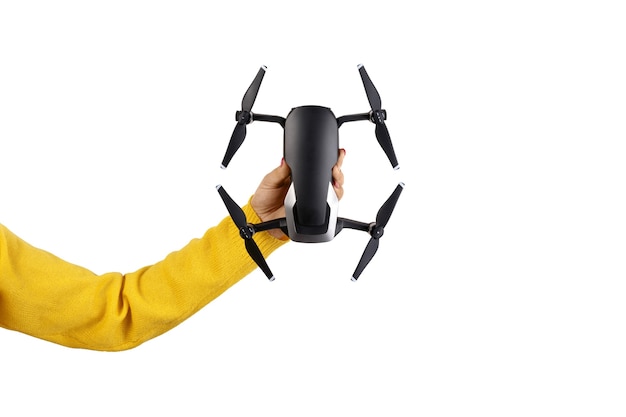 Dji mavic air in hand, isolated on a white background