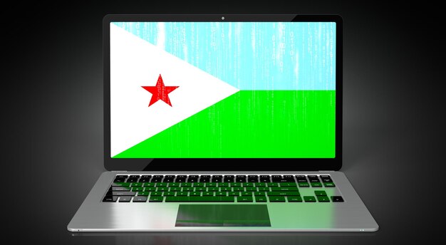 Foto bandiera del paese di gibuti e codice binario sull'illustrazione 3d dello schermo del computer portatile