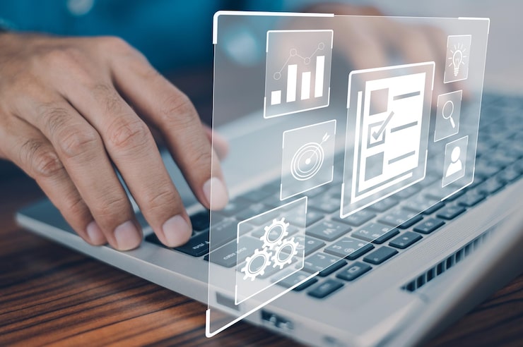 Photo dms is document management concept man using a computer to document management in online documentation database and digital file storage system or software records keeping database technology