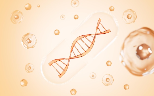 写真 ゴールドの背景の dna と細胞 3 d レンダリング デジタル図面