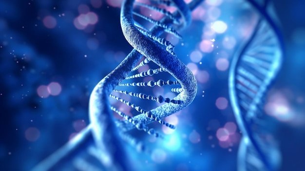 A dna double helix is shown in a blue background.