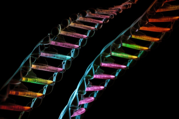 Photo dna double helix spiral with each strand represented in different color created with generative ai