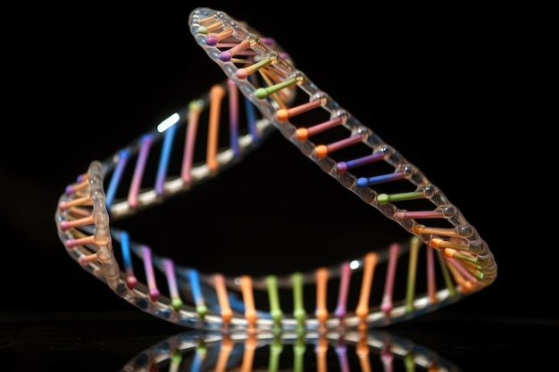 生成 AI で作成された DNA 二重らせんと塩基対の拡大図