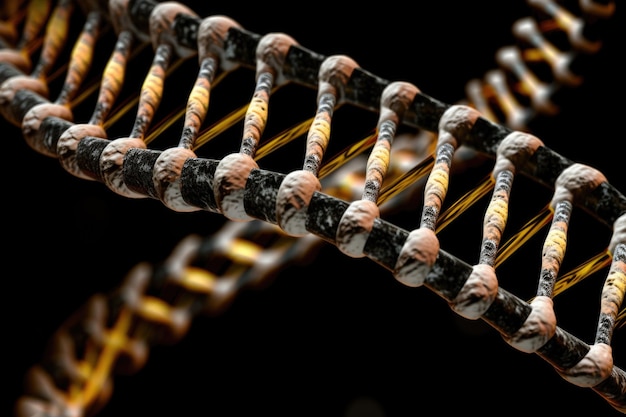 Dna double helix with closeup view of the intertwined strands created with generative ai