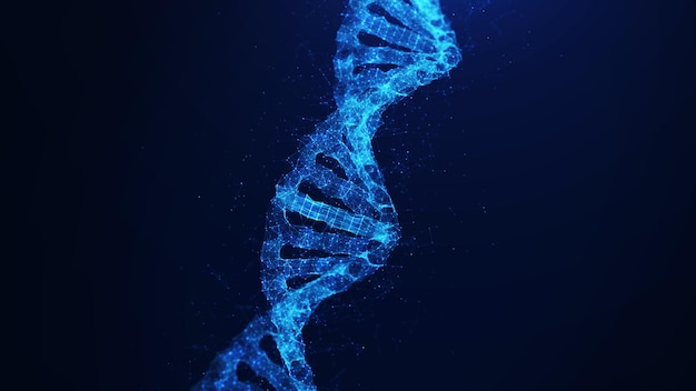 Il concetto di tecnologia di modellazione genetica del dna elica poligoni interconnessi su sfondo blu scuro