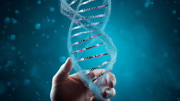 ДНК в руке на синем фоне