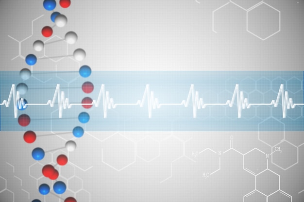 Foto elica di dna in blu e rosso con linea ecg