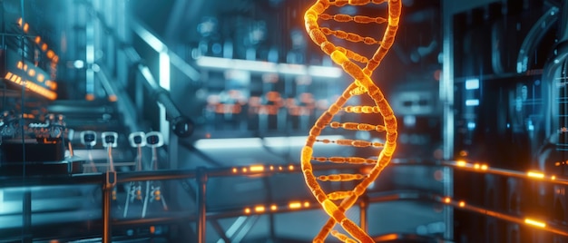 A DNA helix in a hightech lab setting glowing orange