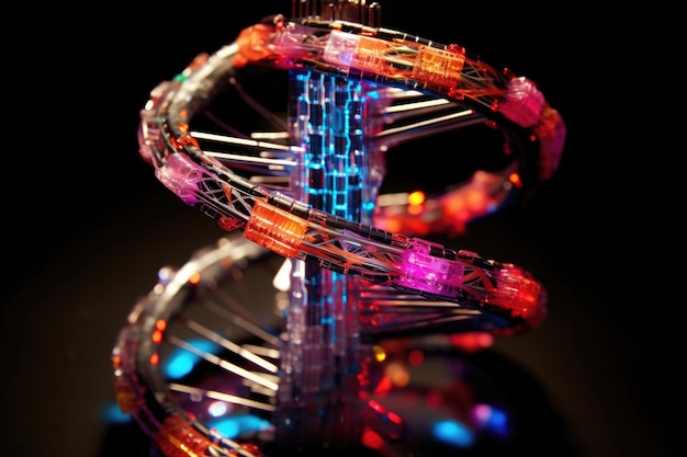 Photo dna helix wrapped around a computer chip