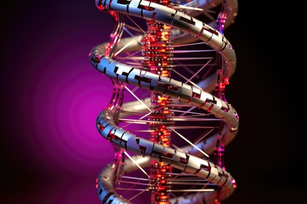 Photo dna helix wrapped around a computer chip