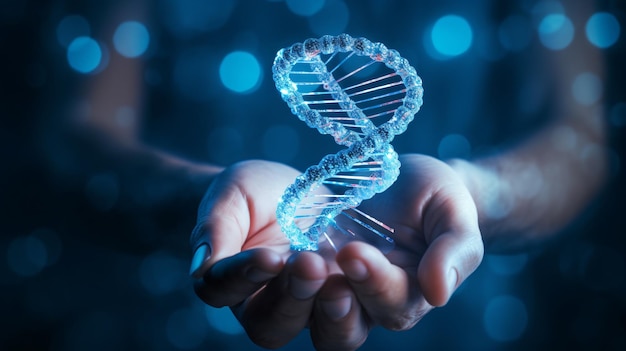DNA in de hand op blauwe achtergrond