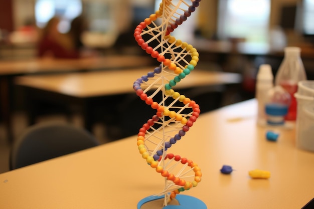 Photo dna model on the table in the science laboratory science concept a 3d model of a dna strand in biology class ai generated