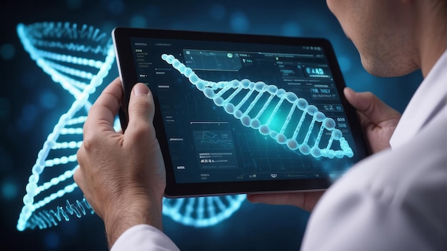 Photo dna molecule doctor using tablet and check with analysis chromosome dna genetic