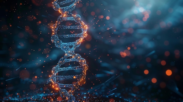 DNA molecule helix with red human heart Concept of hereditary heart diseases and genetic diseases diagnosis Gene editing biotechnology engineering Wireframe light structure modern