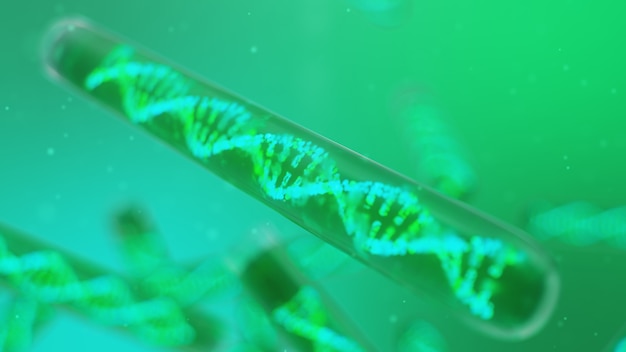 DNA 분자, 그 구조. 개념 인간 게놈. 변형 된 유전자를 가진 DNA 분자. 액체 유리 테스트 튜브 안에 DNA 분자의 개념적 그림. 의료 기기, 3D 일러스트