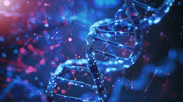 DNA molecule structuur 3d rendering Computer digitale tekening Blauwe achtergrond