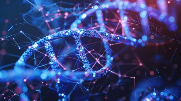 DNA molecule structuur 3d rendering Computer digitale tekening Blauwe achtergrond