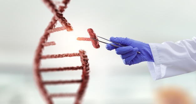 DNA-moleculen met dokter dienen handschoenen in met een tang. Gemengde media