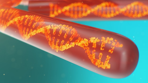 DNA-molecuul, zijn structuur. Concept menselijk genoom. DNA-molecuul met gemodificeerde genen. Conceptuele illustratie van een DNA-molecuul in een glazen reageerbuis met vloeistof. Medische apparatuur, 3D illustratie