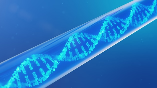 DNA-molecuul, zijn structuur. Concept menselijk genoom. DNA-molecuul met gemodificeerde genen. Conceptuele illustratie van een DNA-molecuul in een glazen reageerbuis met vloeistof. Medische apparatuur, 3D illustratie